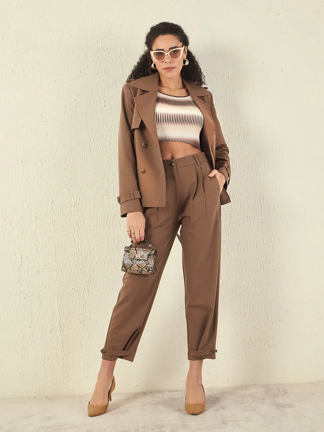 Madame Buckled Hem Warm Tan Rayon Blend Trousers
