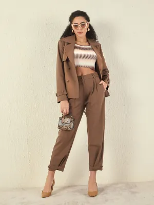 Madame Buckled Hem Warm Tan Rayon Blend Trousers