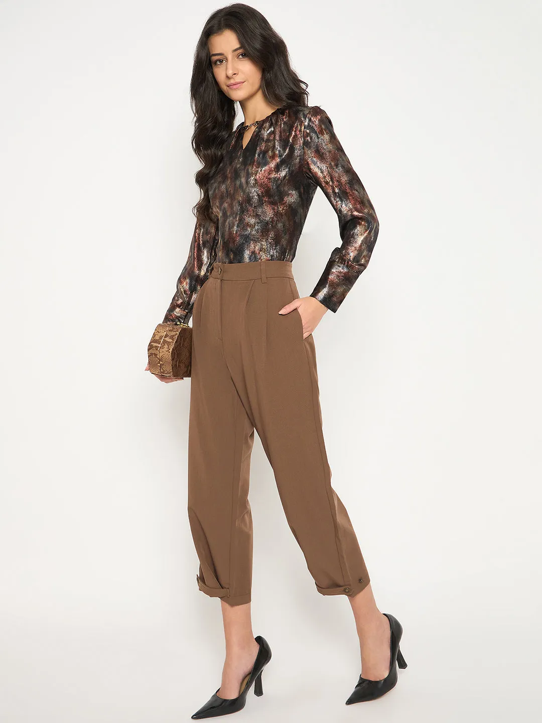 Madame Buckled Hem Warm Tan Rayon Blend Trousers
