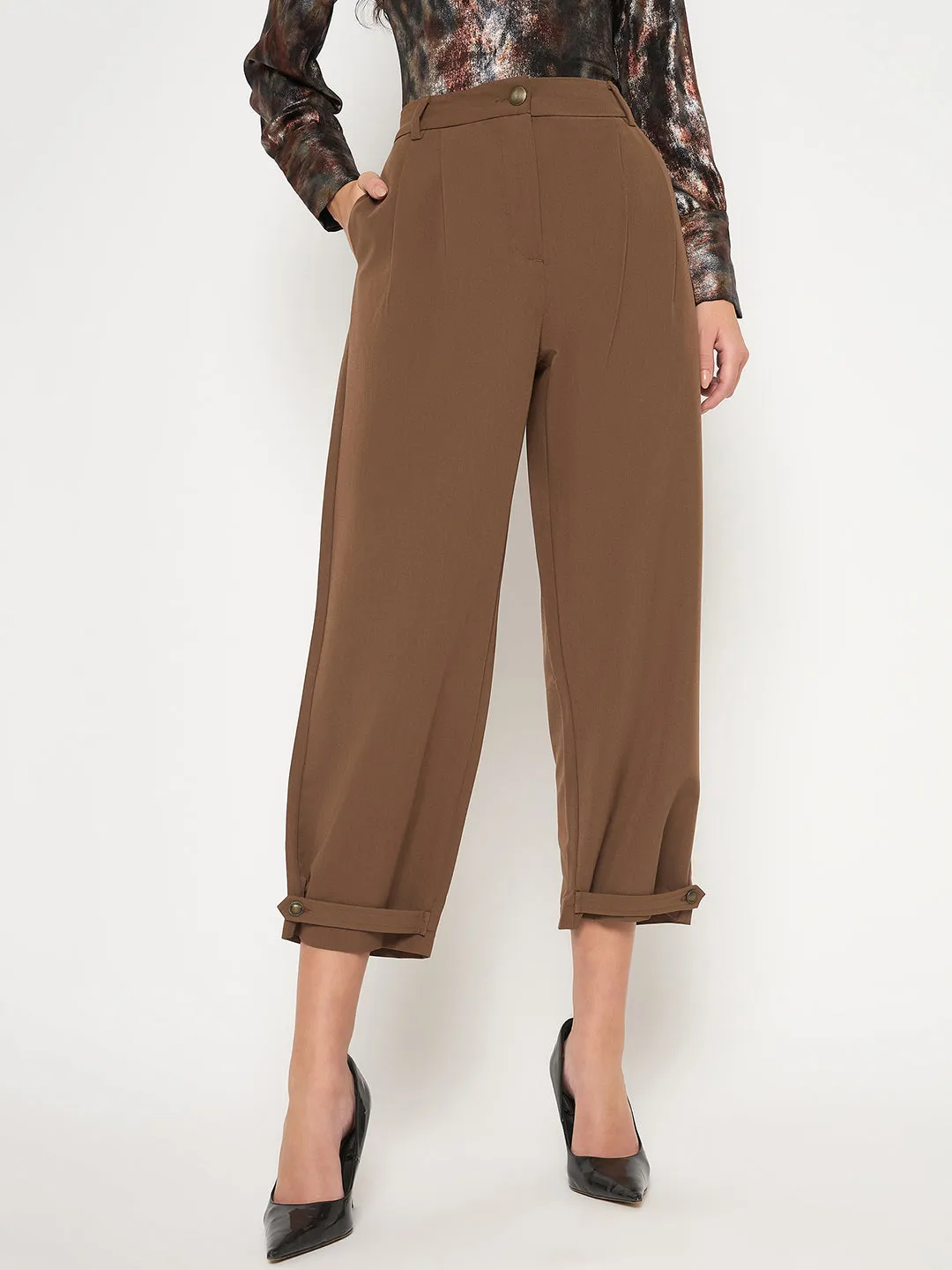 Madame Buckled Hem Warm Tan Rayon Blend Trousers