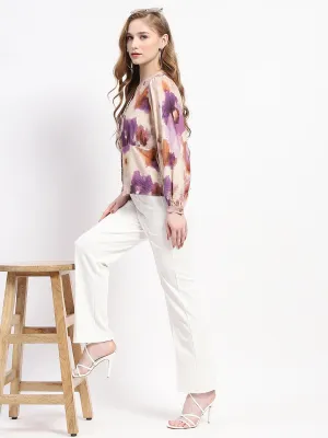 Madame Floral Print Button-Up Nylon Blend Top