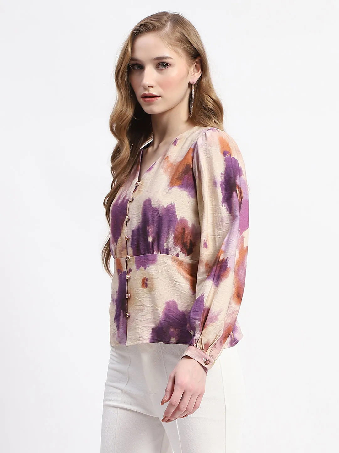 Madame Floral Print Button-Up Nylon Blend Top