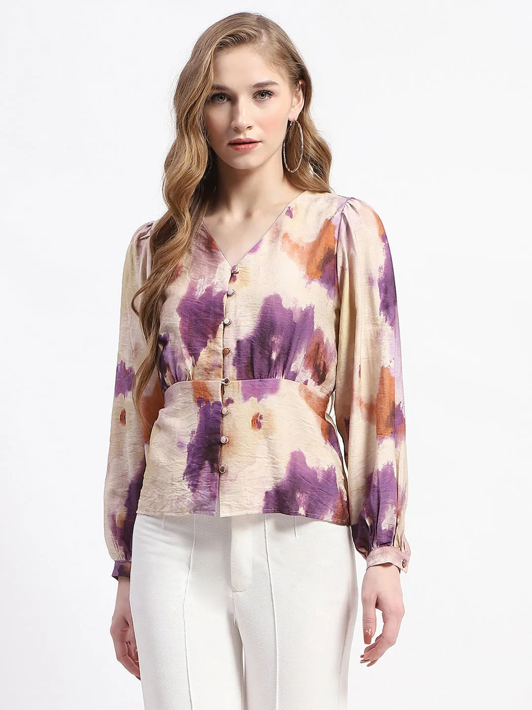 Madame Floral Print Button-Up Nylon Blend Top