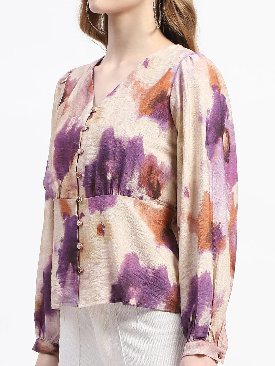 Madame Floral Print Button-Up Nylon Blend Top