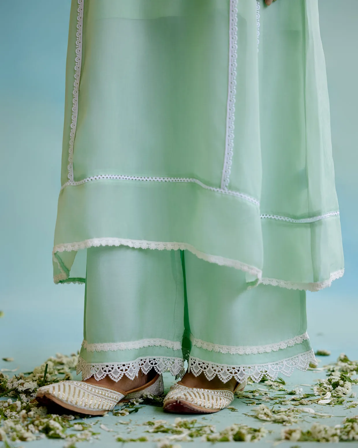 Mint Frost Organza Anarkali with Silky Modal Wide Leg Pants