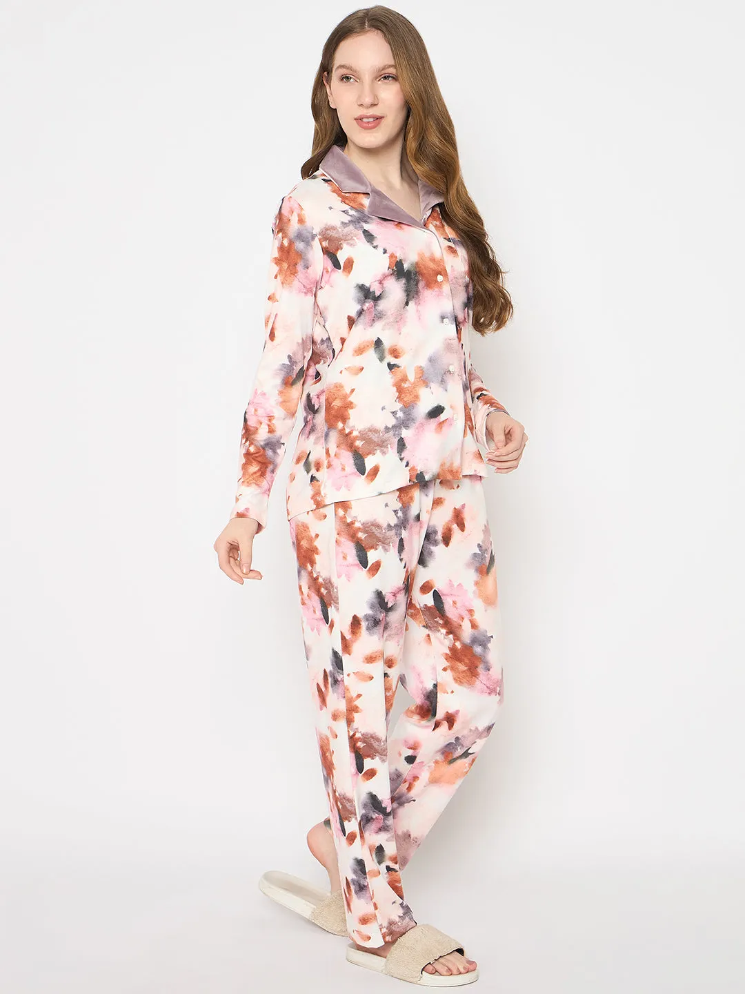 mSECRET All Over Printed Velvet Collared Night Suit