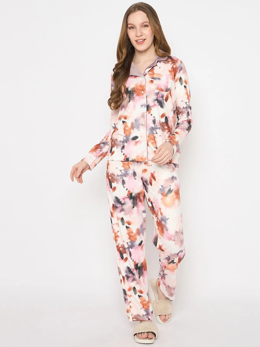 mSECRET All Over Printed Velvet Collared Night Suit