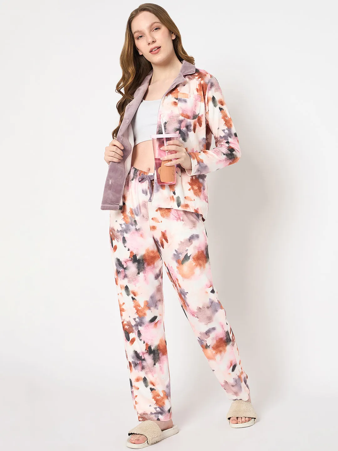mSECRET All Over Printed Velvet Collared Night Suit