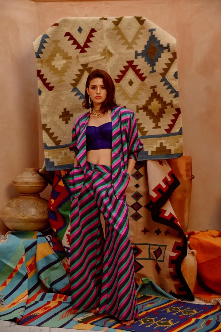 Multi-colour indi-leheriya oversized jacket with corset and papa pants