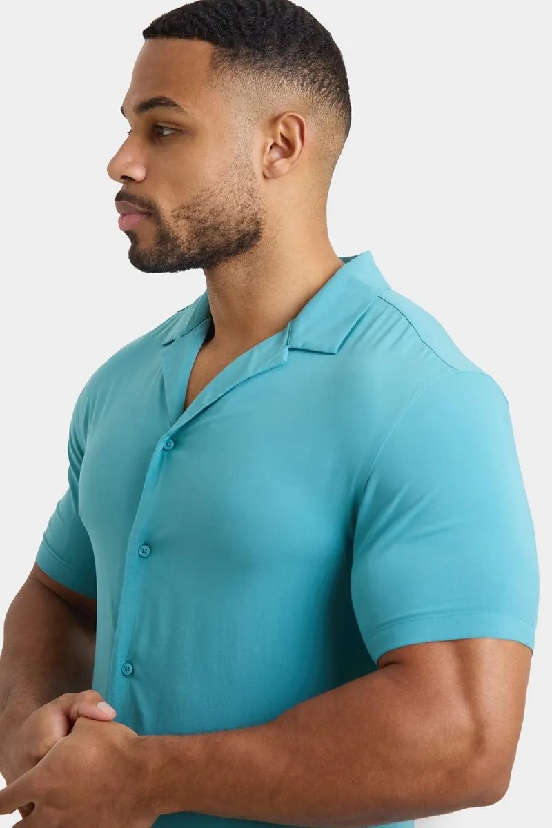 Muscle Fit Short Sleeve Viscose Shirt in Teal