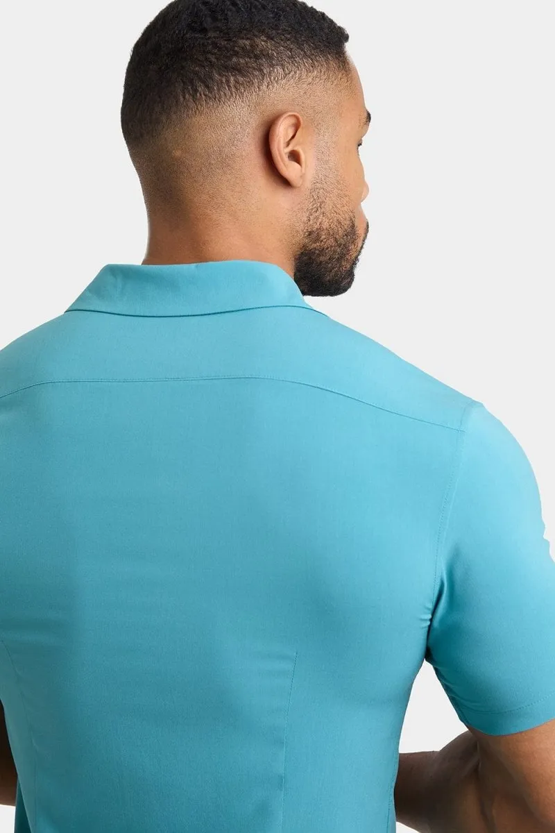 Muscle Fit Short Sleeve Viscose Shirt in Teal