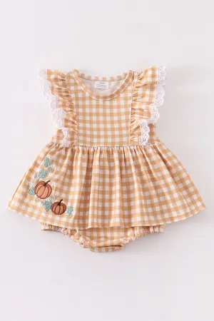 Mustard plaid pumpkin applique girl bubble