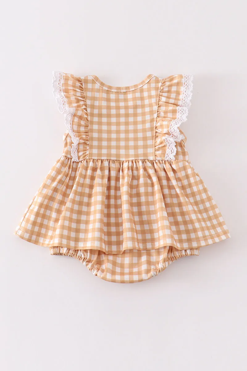 Mustard plaid pumpkin applique girl bubble
