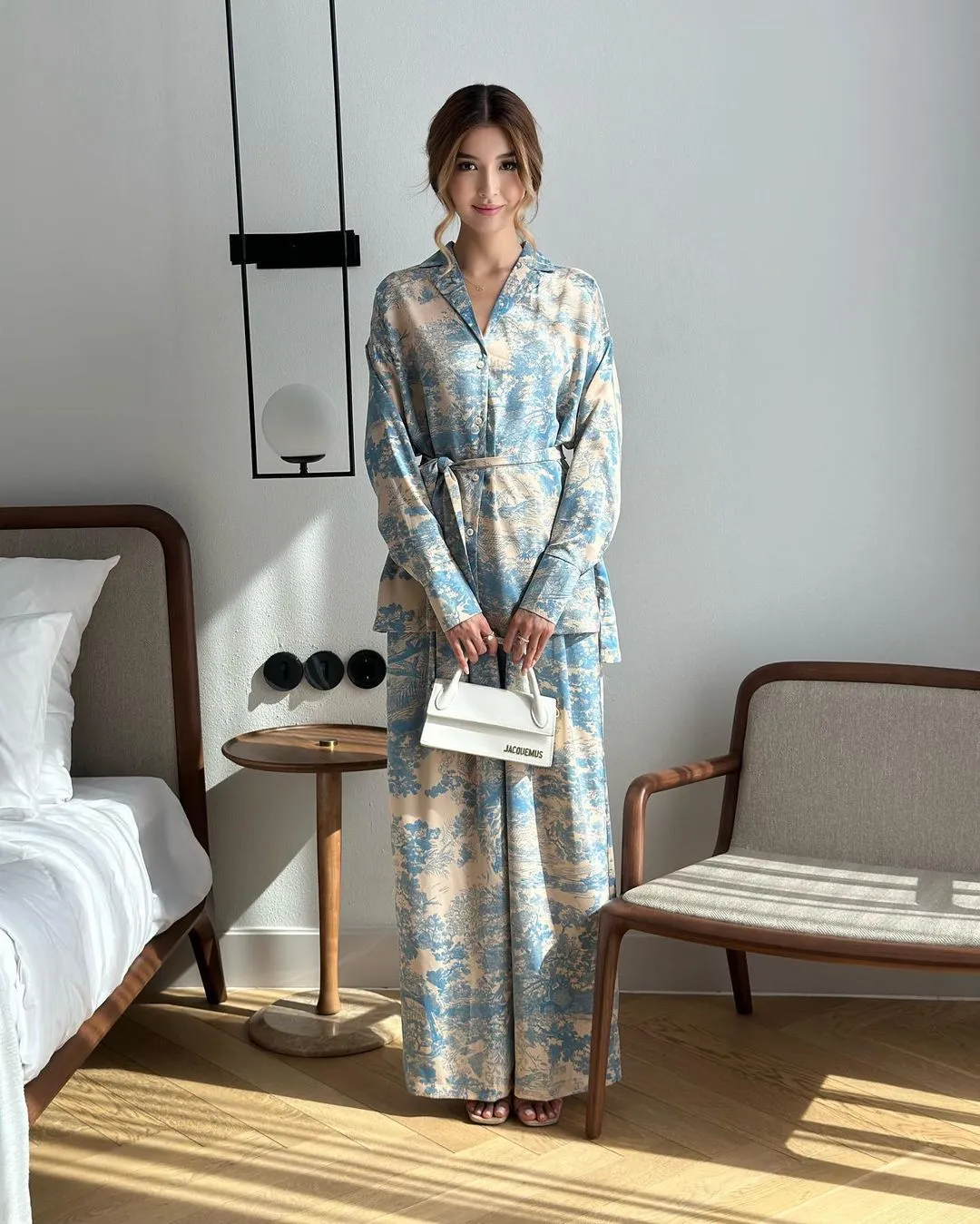 New Fashionable French Print Long Sleeve Tie-Neck Blouse and High-Waisted Wide-Leg Pants Women's Set.C-241018-6