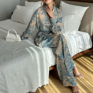 New Fashionable French Print Long Sleeve Tie-Neck Blouse and High-Waisted Wide-Leg Pants Women's Set.C-241018-6