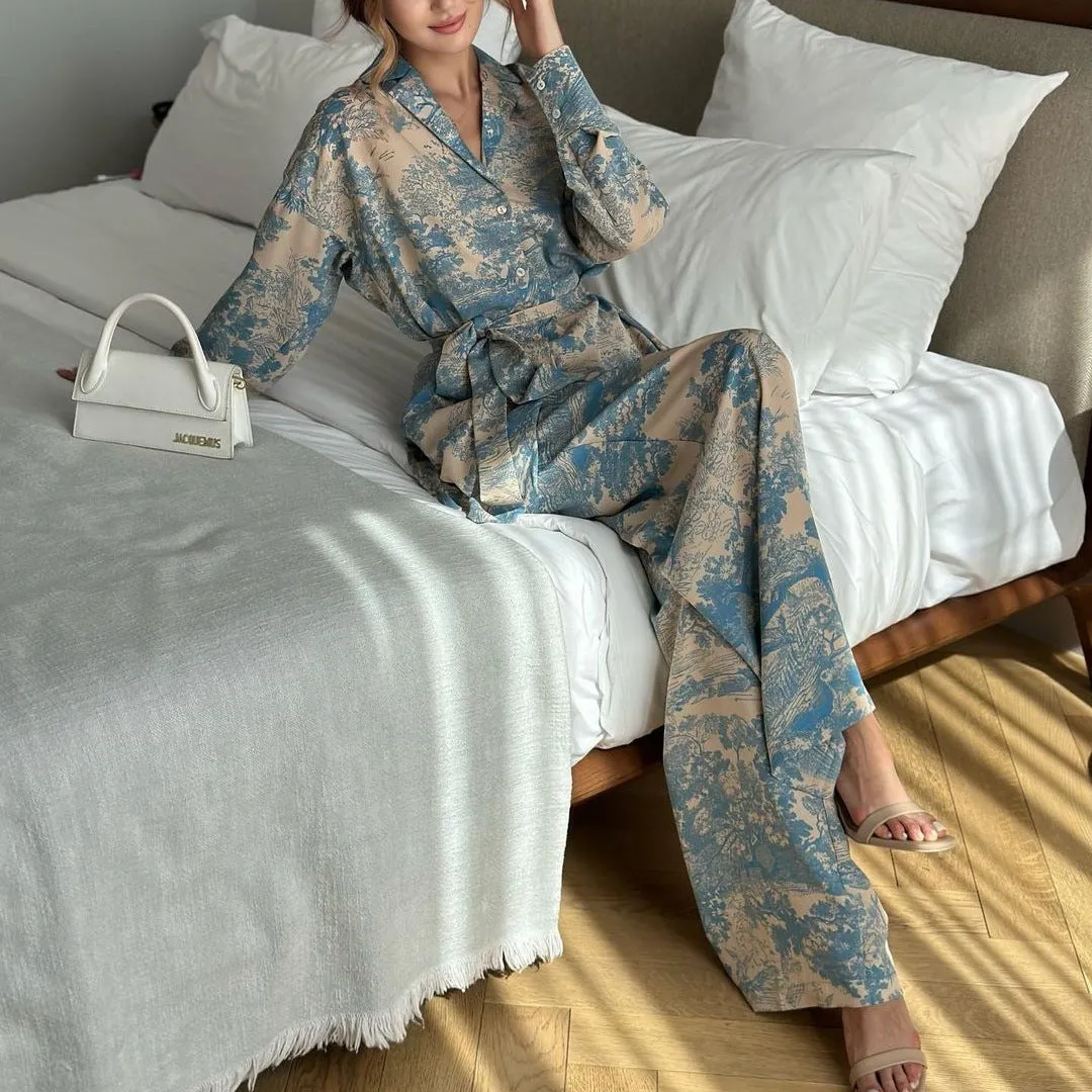 New Fashionable French Print Long Sleeve Tie-Neck Blouse and High-Waisted Wide-Leg Pants Women's Set.C-241018-6