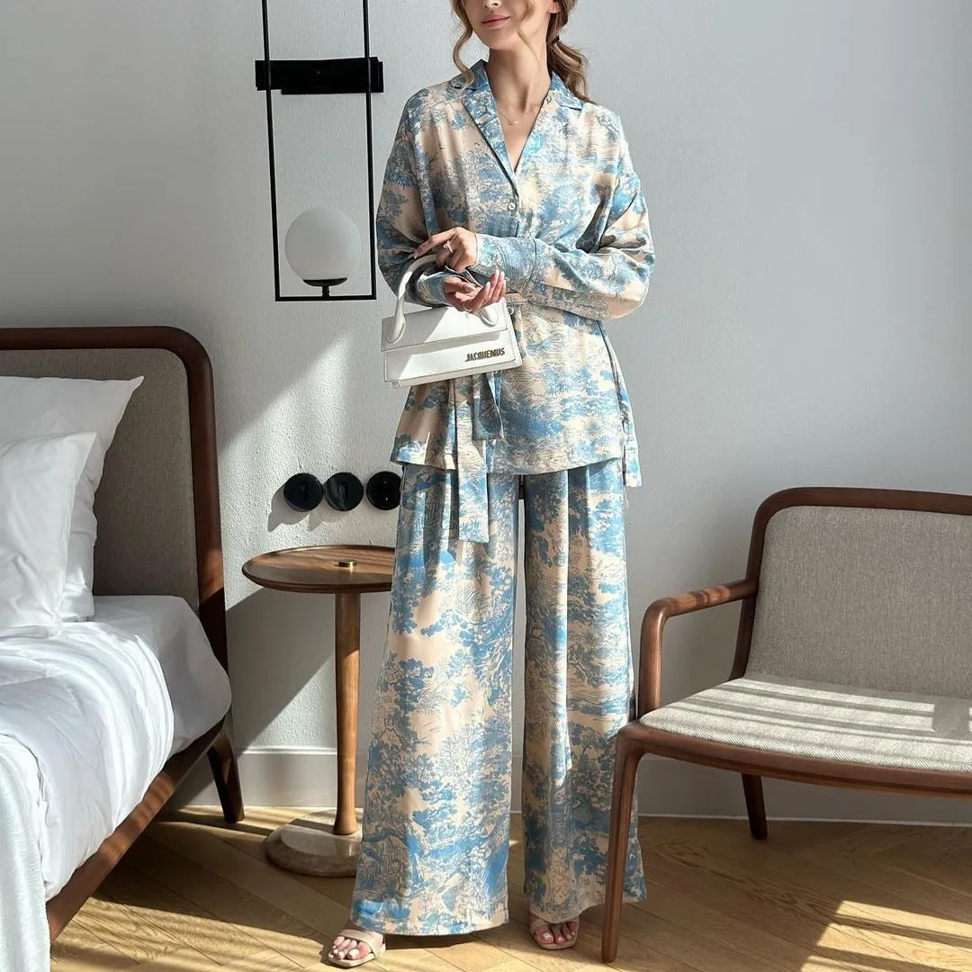 New Fashionable French Print Long Sleeve Tie-Neck Blouse and High-Waisted Wide-Leg Pants Women's Set.C-241018-6