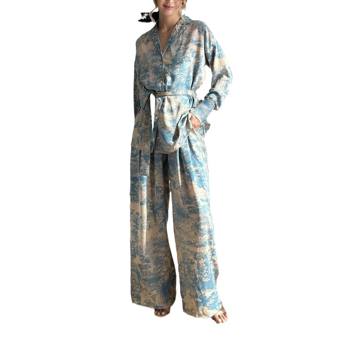 New Fashionable French Print Long Sleeve Tie-Neck Blouse and High-Waisted Wide-Leg Pants Women's Set.C-241018-6