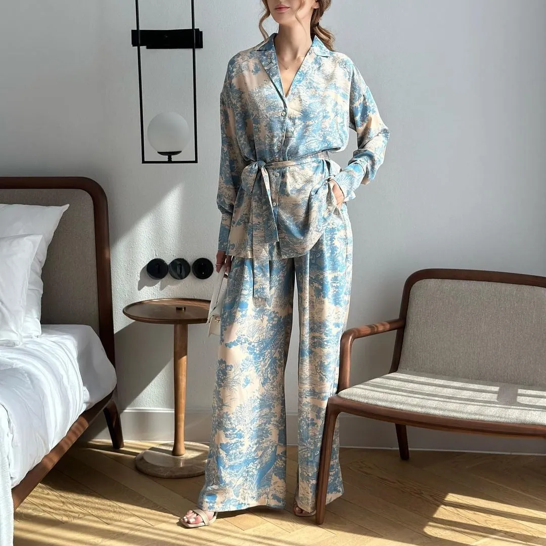 New Fashionable French Print Long Sleeve Tie-Neck Blouse and High-Waisted Wide-Leg Pants Women's Set.C-241018-6