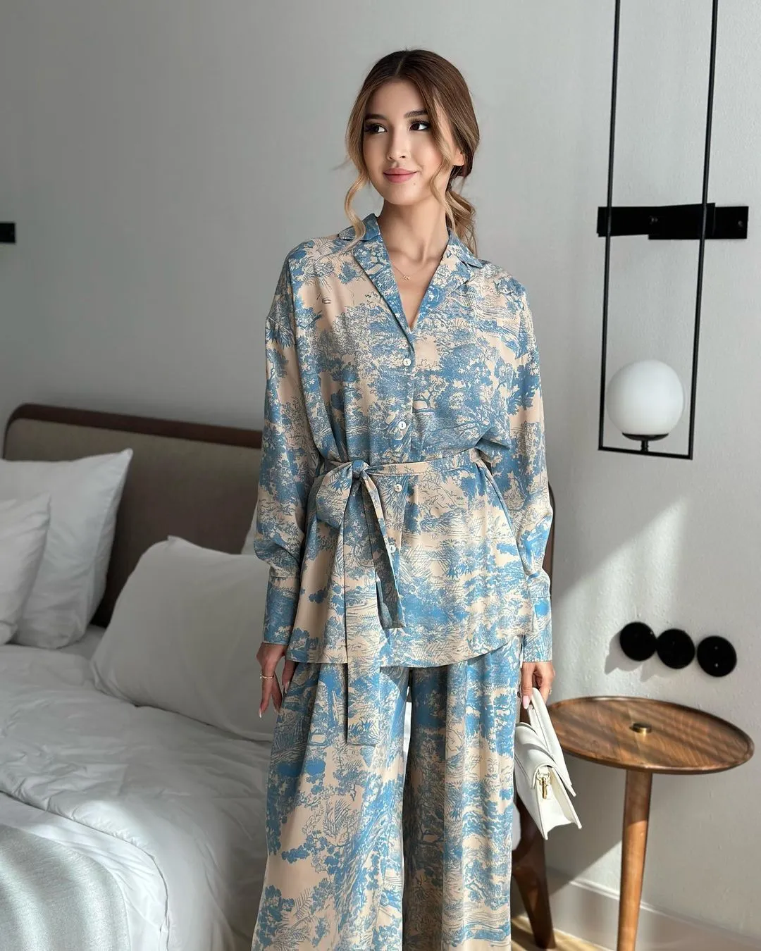 New Fashionable French Print Long Sleeve Tie-Neck Blouse and High-Waisted Wide-Leg Pants Women's Set.C-241018-6