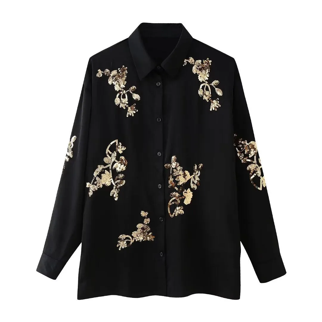 New Sequined Embroidered Loose-Fit Long Sleeve Shirt and Casual Pants Two-Piece Set S-240804-21