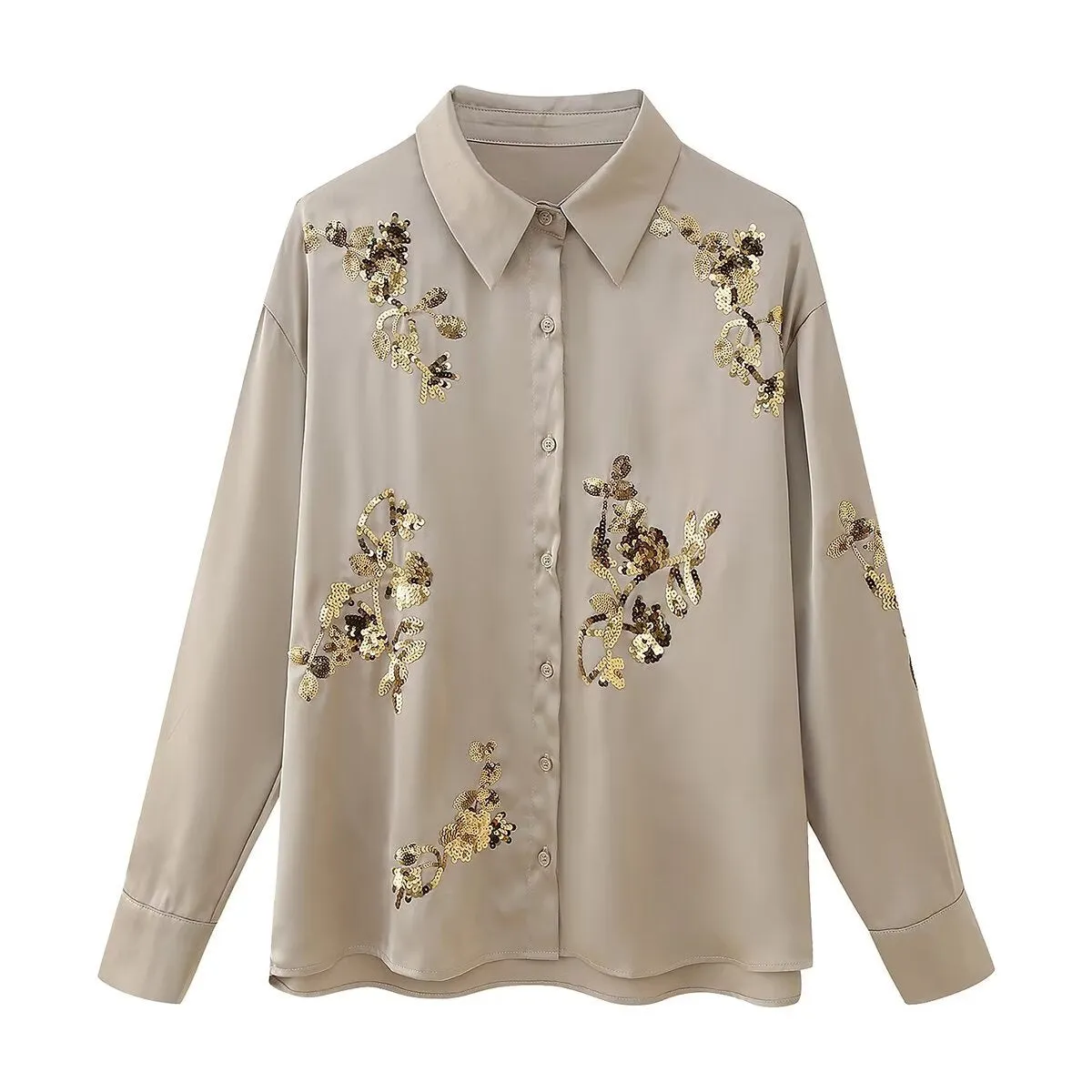 New Sequined Embroidered Loose-Fit Long Sleeve Shirt and Casual Pants Two-Piece Set S-240804-21