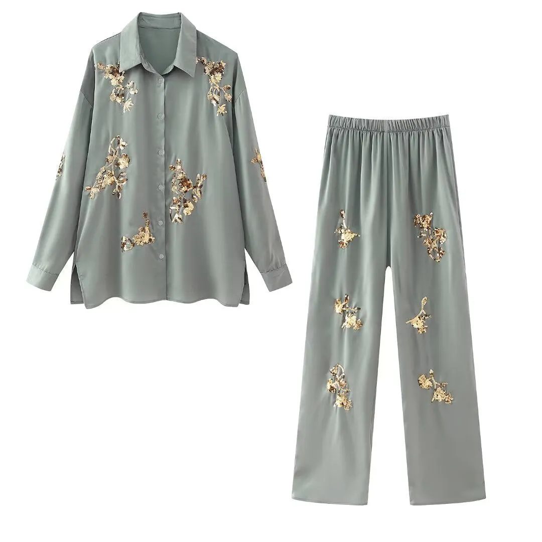 New Sequined Embroidered Loose-Fit Long Sleeve Shirt and Casual Pants Two-Piece Set S-240804-21