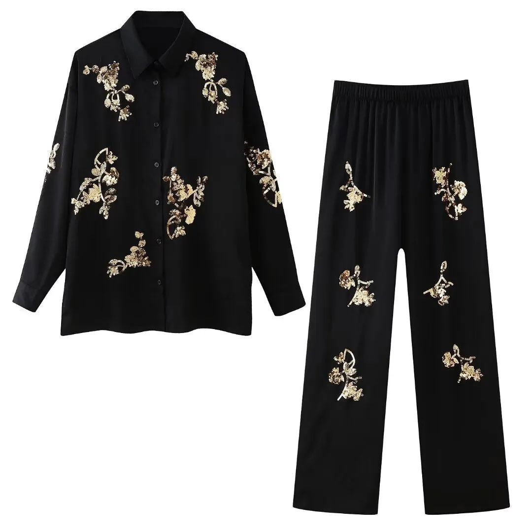 New Sequined Embroidered Loose-Fit Long Sleeve Shirt and Casual Pants Two-Piece Set S-240804-21