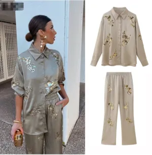 New Sequined Embroidered Loose-Fit Long Sleeve Shirt and Casual Pants Two-Piece Set S-240804-21
