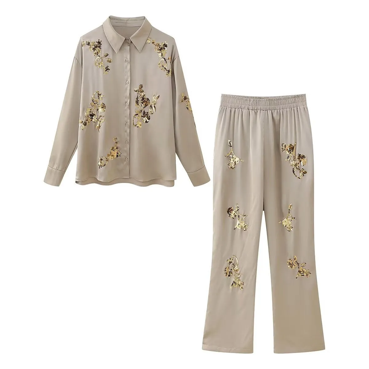 New Sequined Embroidered Loose-Fit Long Sleeve Shirt and Casual Pants Two-Piece Set S-240804-21