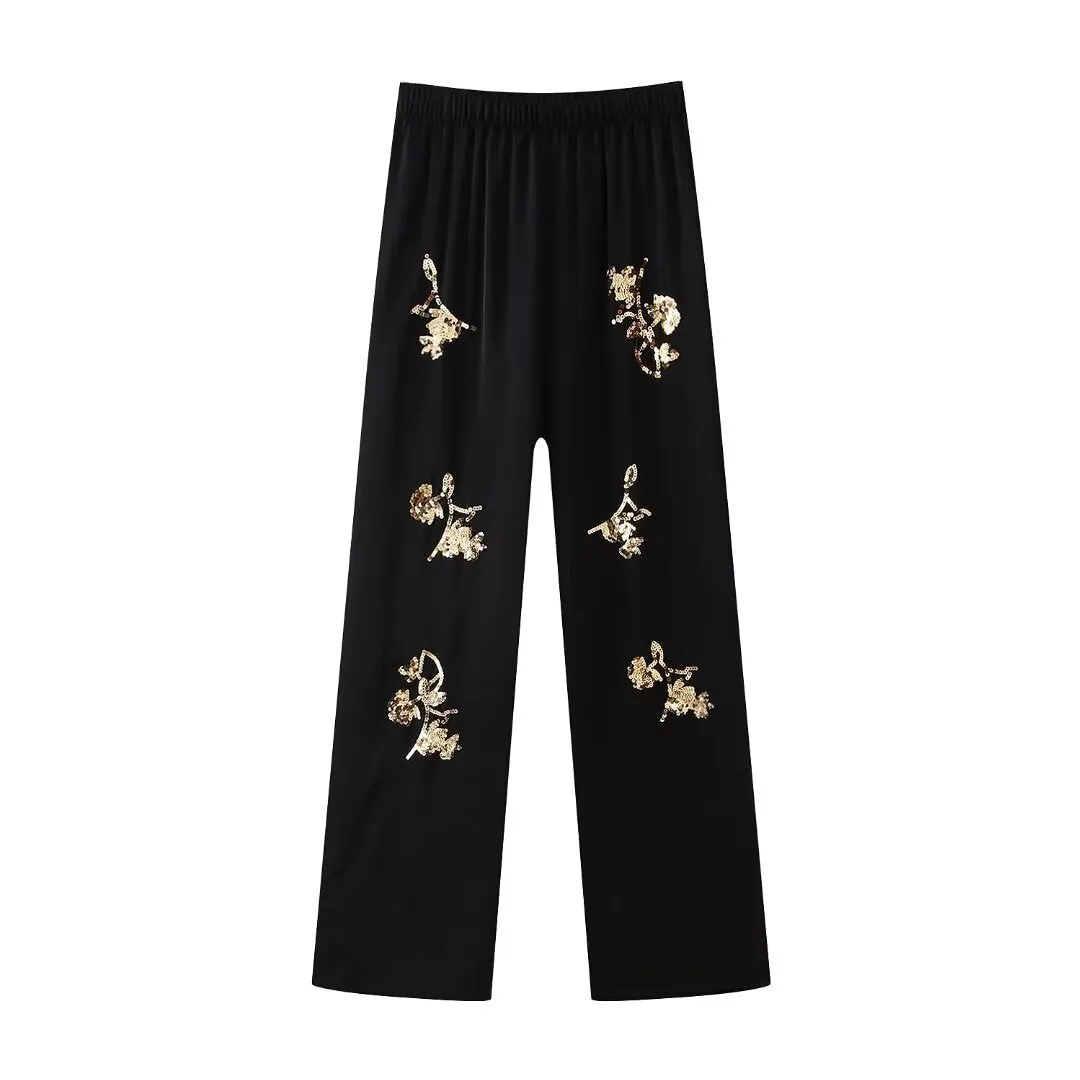New Sequined Embroidered Loose-Fit Long Sleeve Shirt and Casual Pants Two-Piece Set S-240804-21