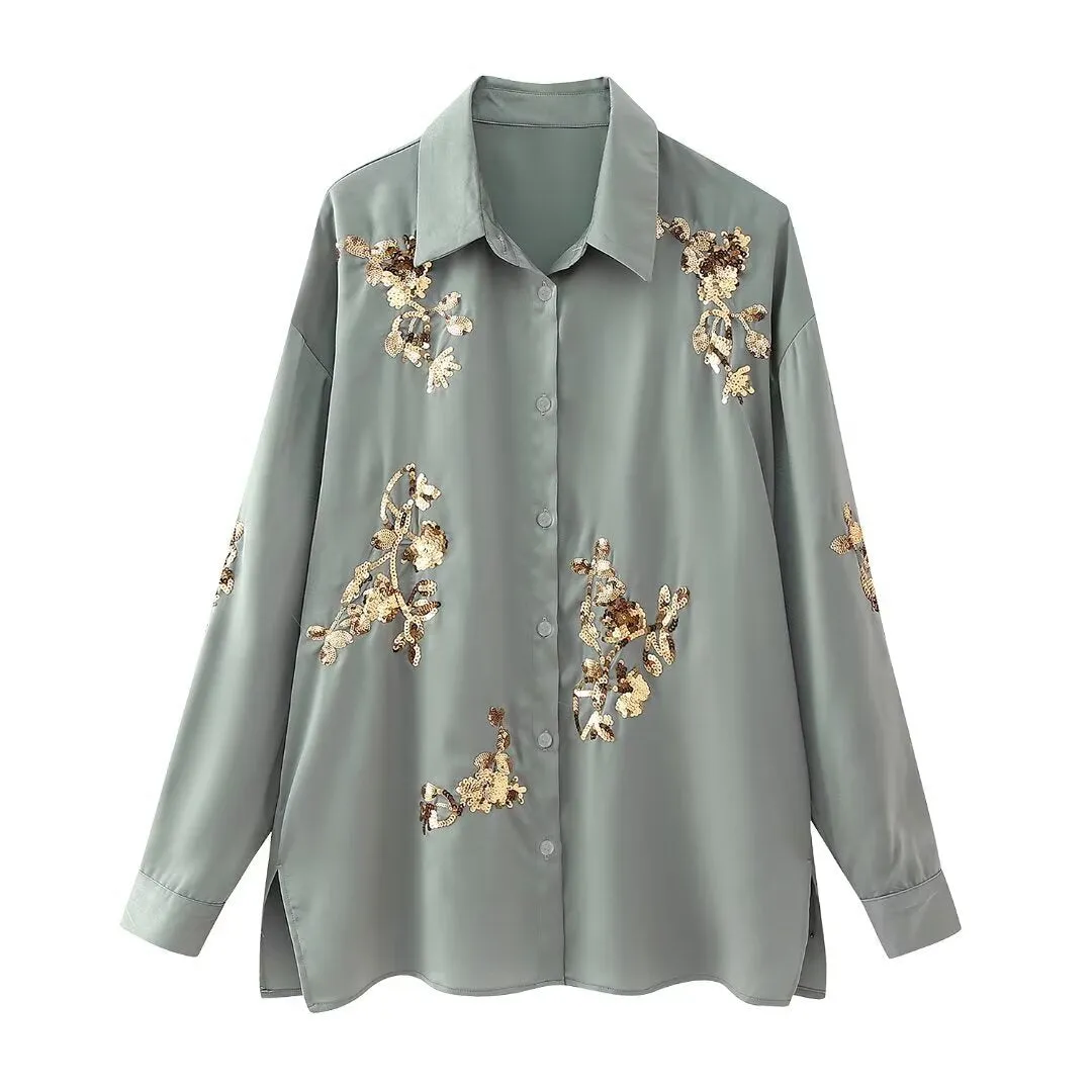 New Sequined Embroidered Loose-Fit Long Sleeve Shirt and Casual Pants Two-Piece Set S-240804-21