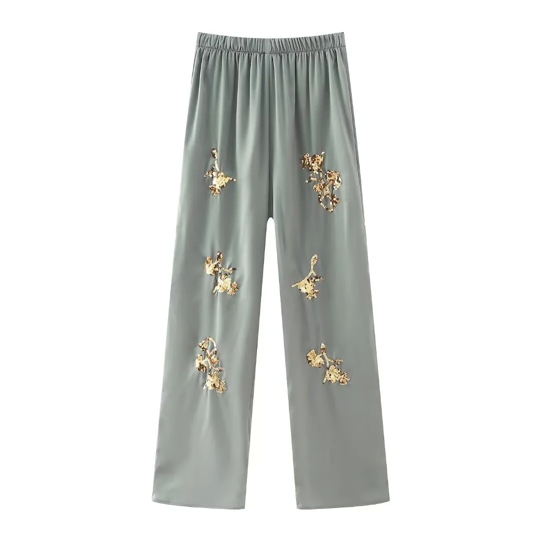 New Sequined Embroidered Loose-Fit Long Sleeve Shirt and Casual Pants Two-Piece Set S-240804-21