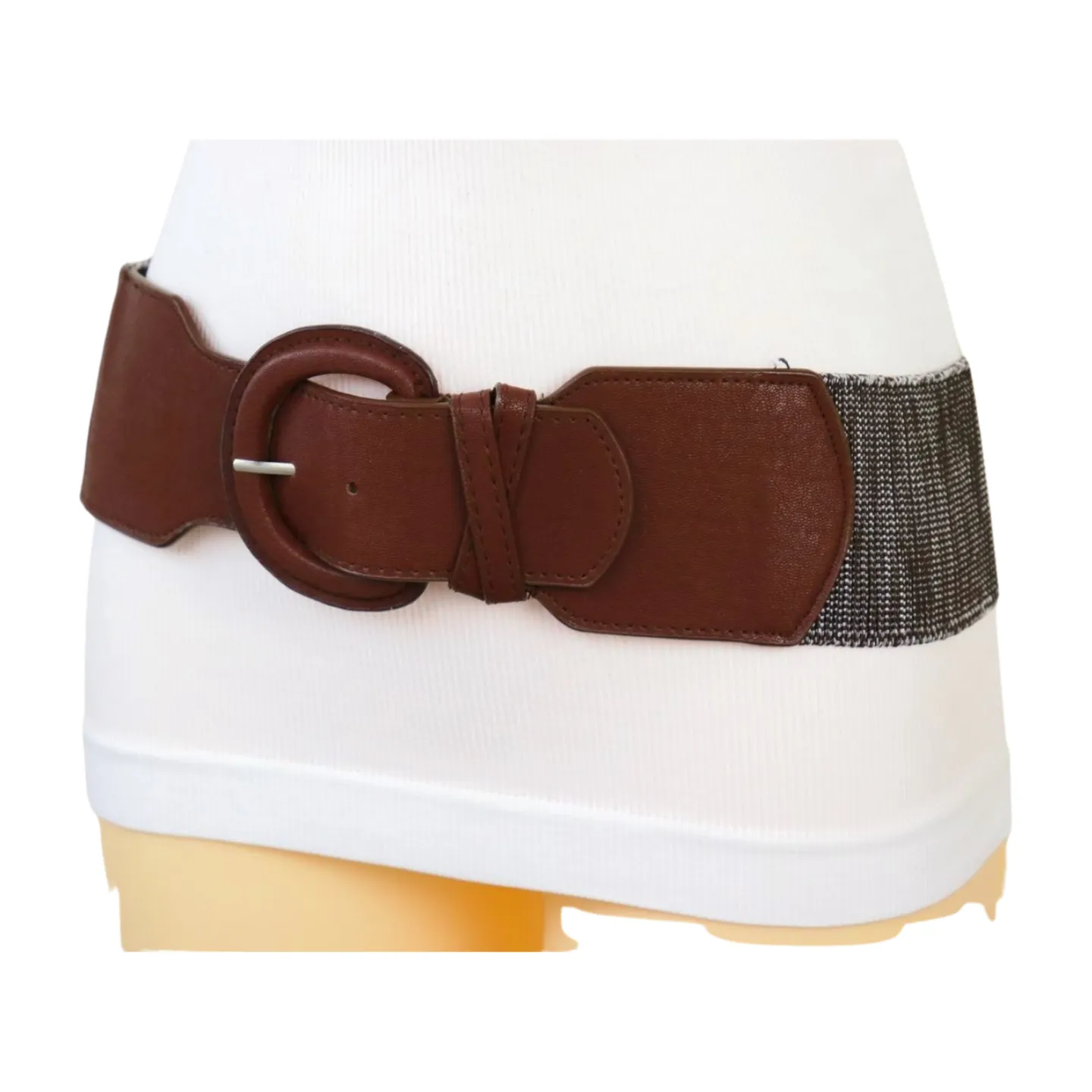 New Women Brown Stretch Faux Leather Elastic Distressed Belt Hip High Waist Size S M