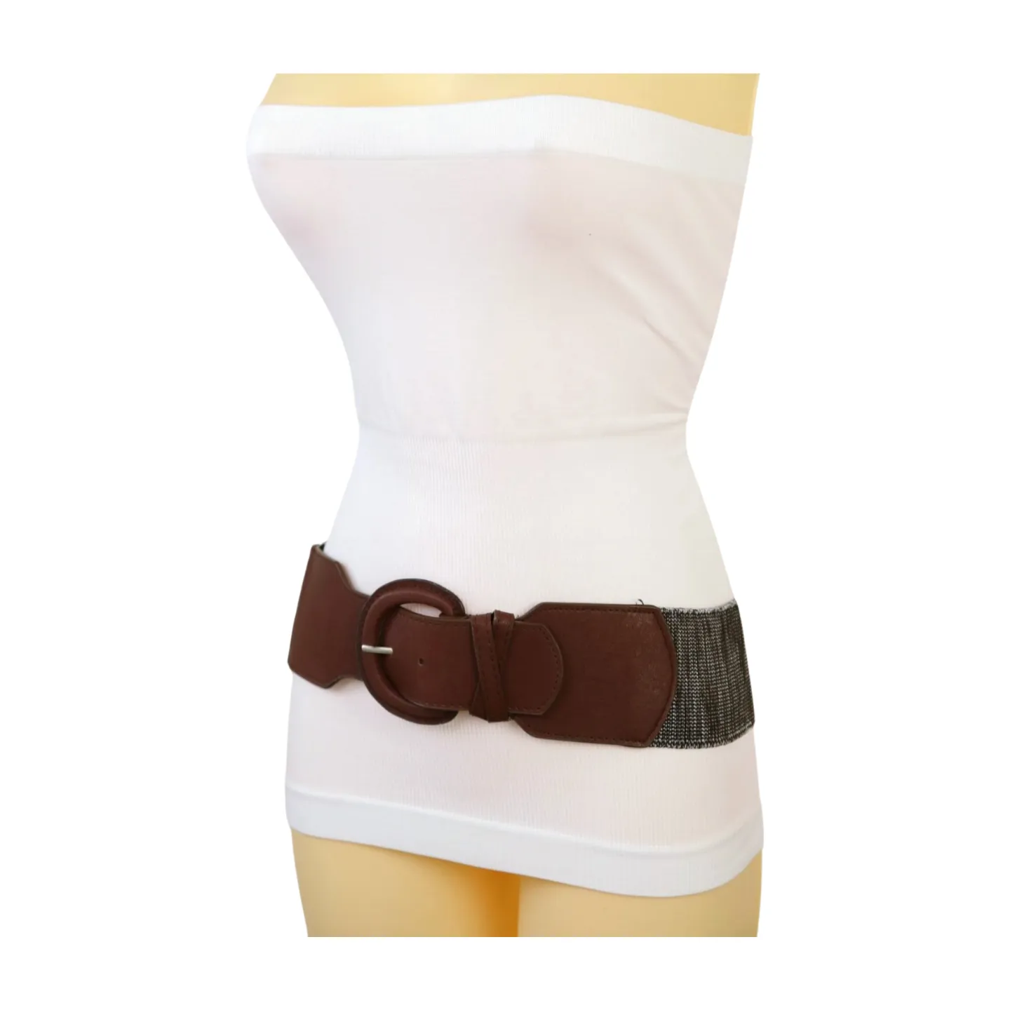New Women Brown Stretch Faux Leather Elastic Distressed Belt Hip High Waist Size S M