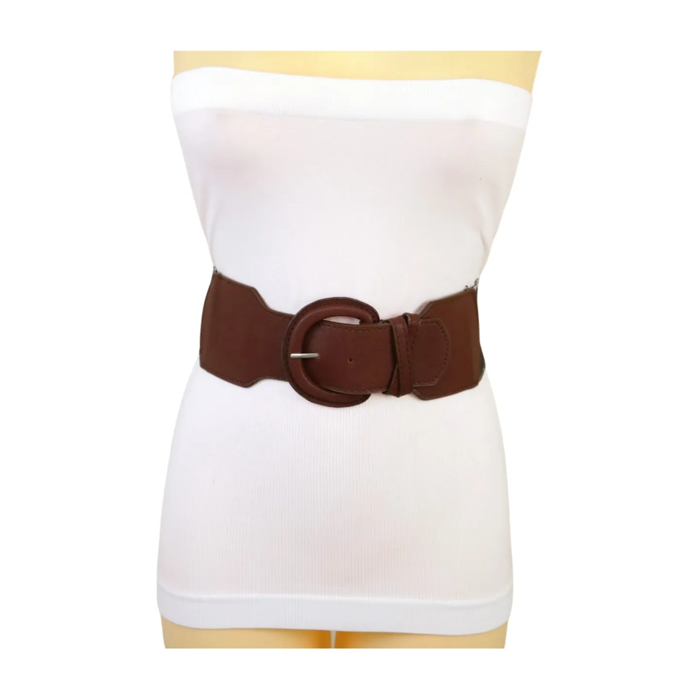 New Women Brown Stretch Faux Leather Elastic Distressed Belt Hip High Waist Size S M