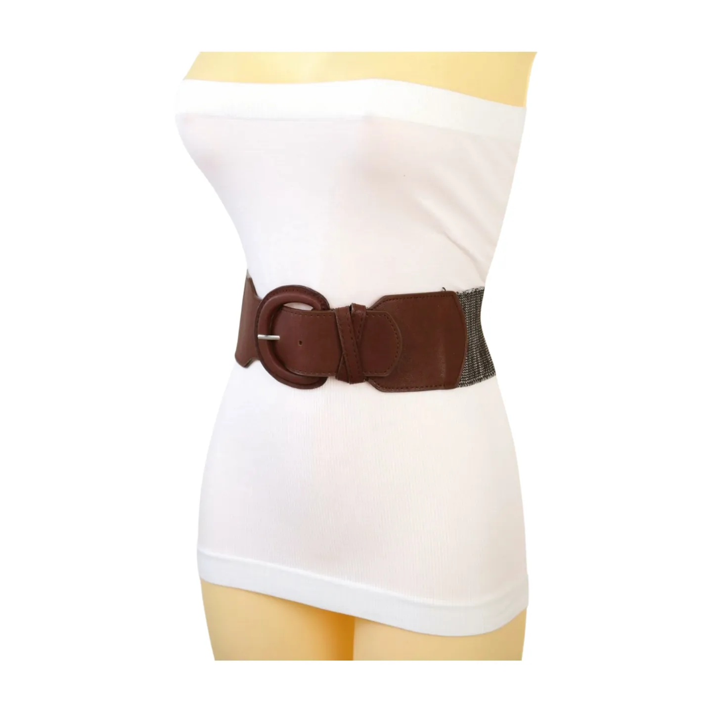 New Women Brown Stretch Faux Leather Elastic Distressed Belt Hip High Waist Size S M