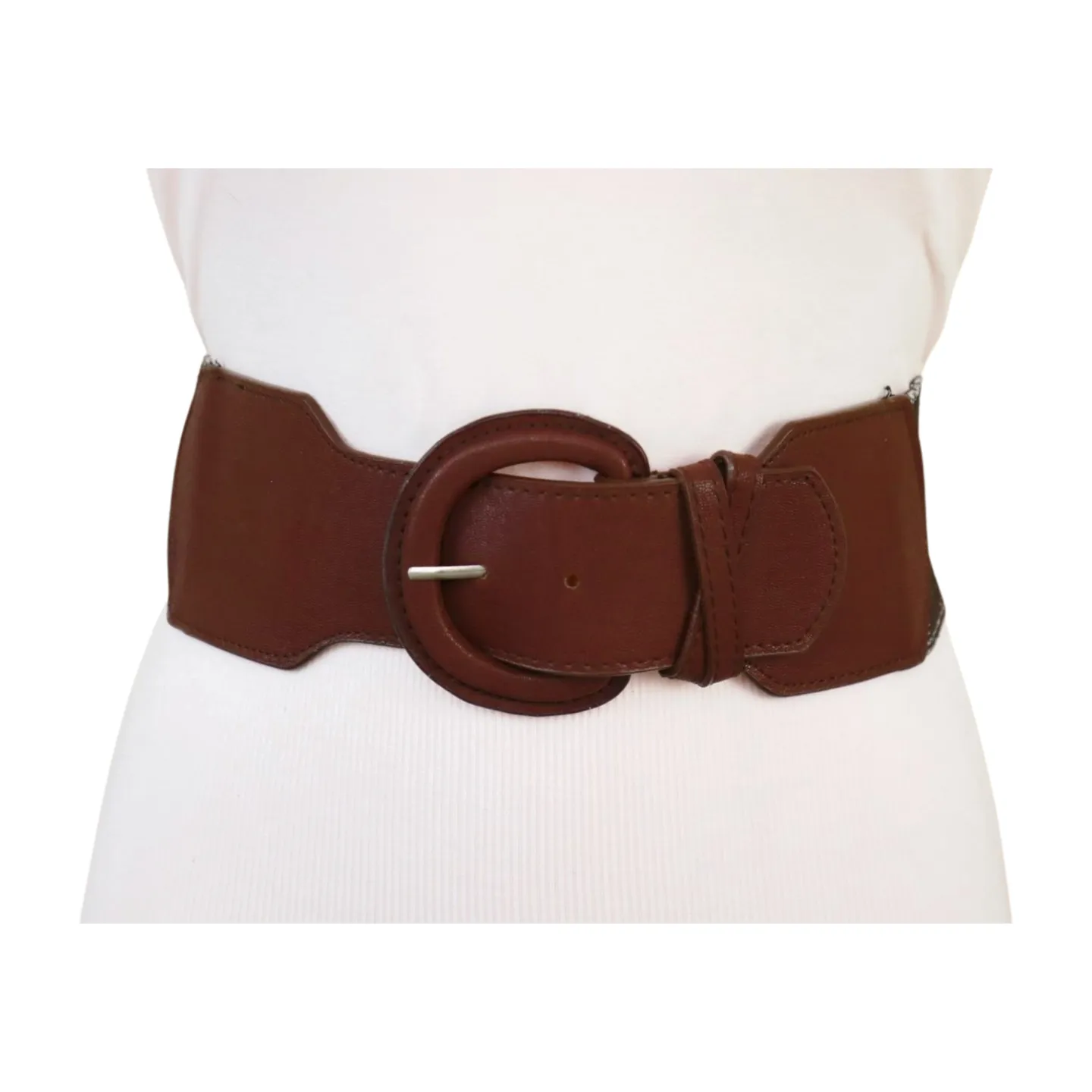 New Women Brown Stretch Faux Leather Elastic Distressed Belt Hip High Waist Size S M