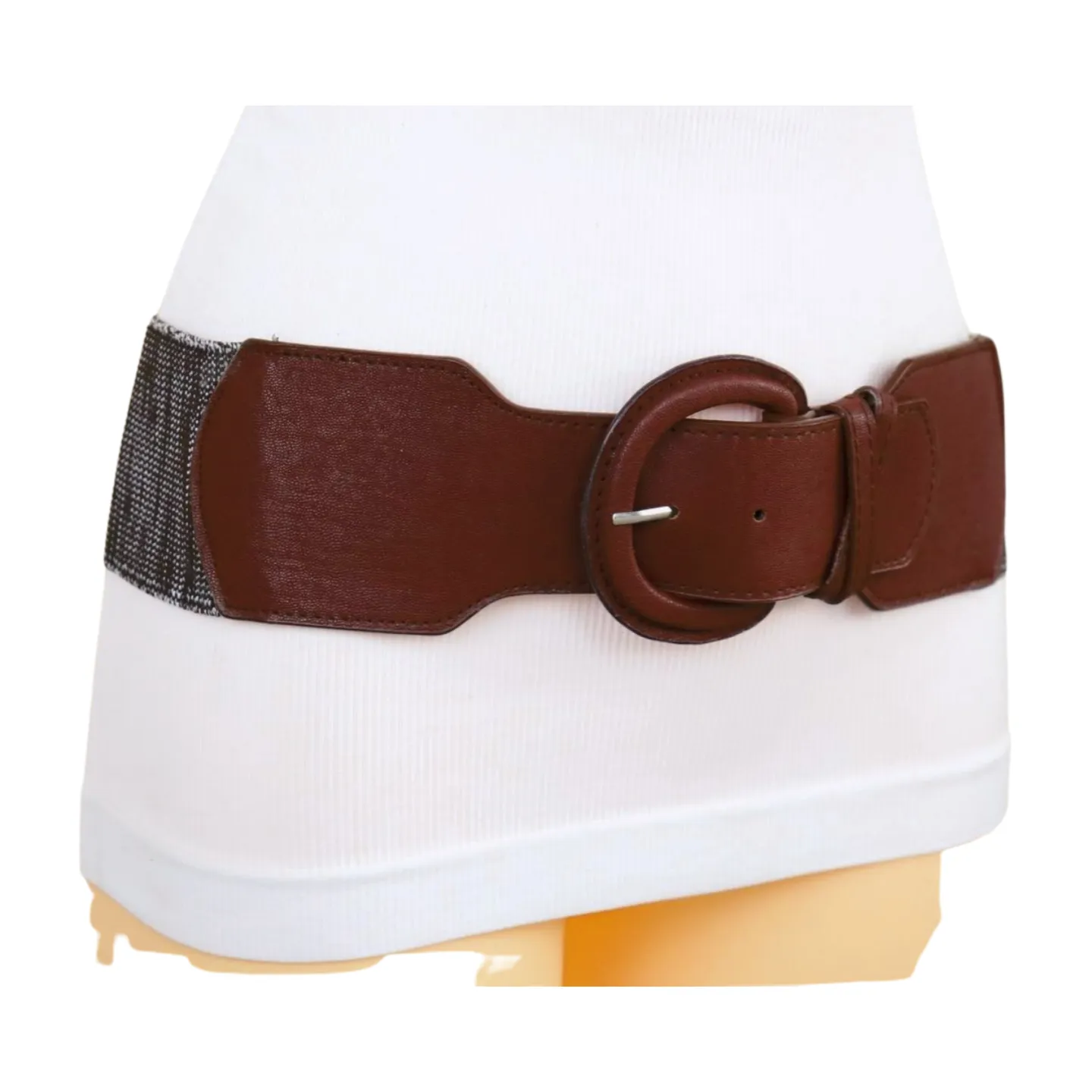 New Women Brown Stretch Faux Leather Elastic Distressed Belt Hip High Waist Size S M