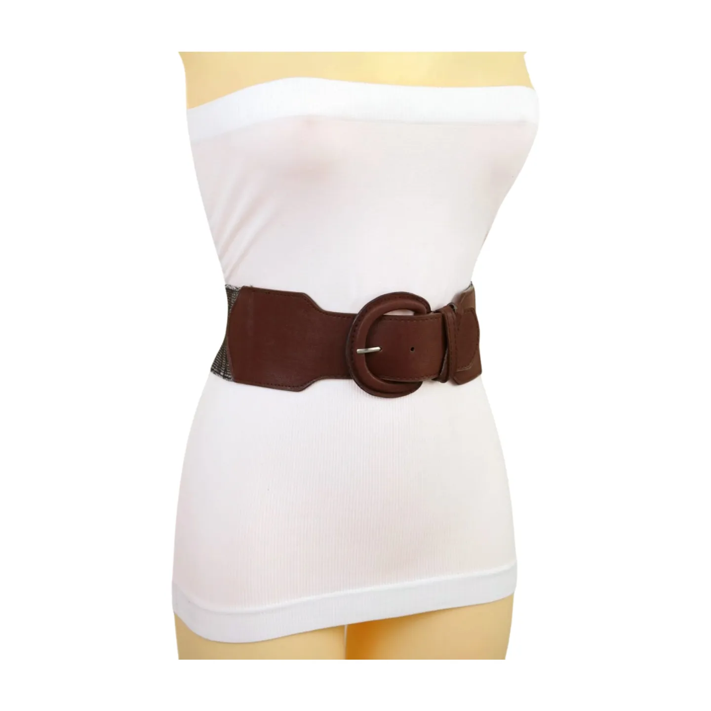 New Women Brown Stretch Faux Leather Elastic Distressed Belt Hip High Waist Size S M