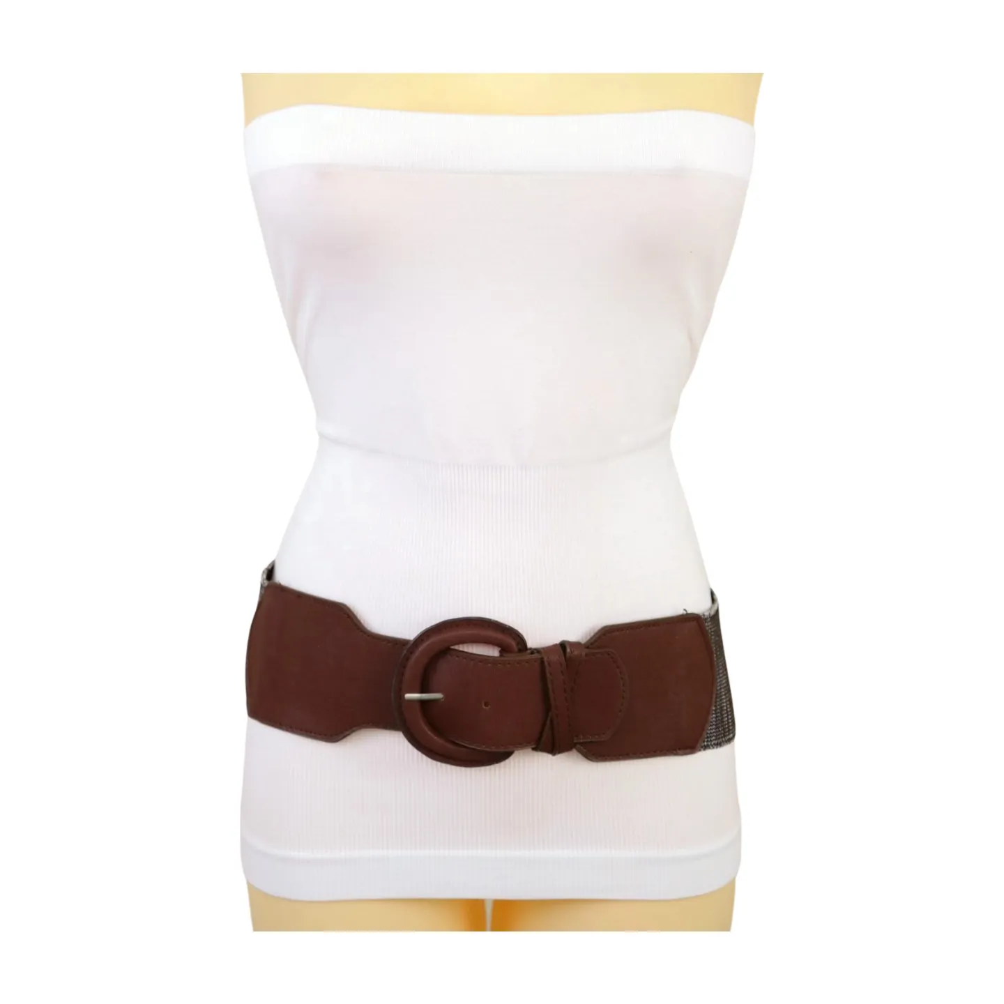 New Women Brown Stretch Faux Leather Elastic Distressed Belt Hip High Waist Size S M