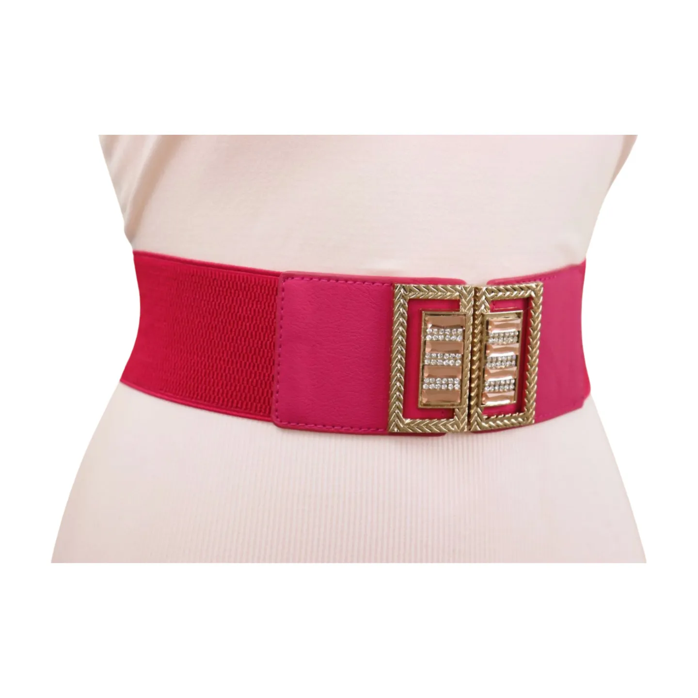 New Women Pink Elastic Fashion Belt Gold Bling Square Buckle S M