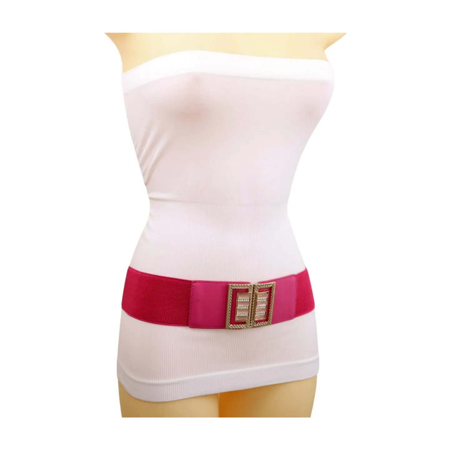New Women Pink Elastic Fashion Belt Gold Bling Square Buckle S M