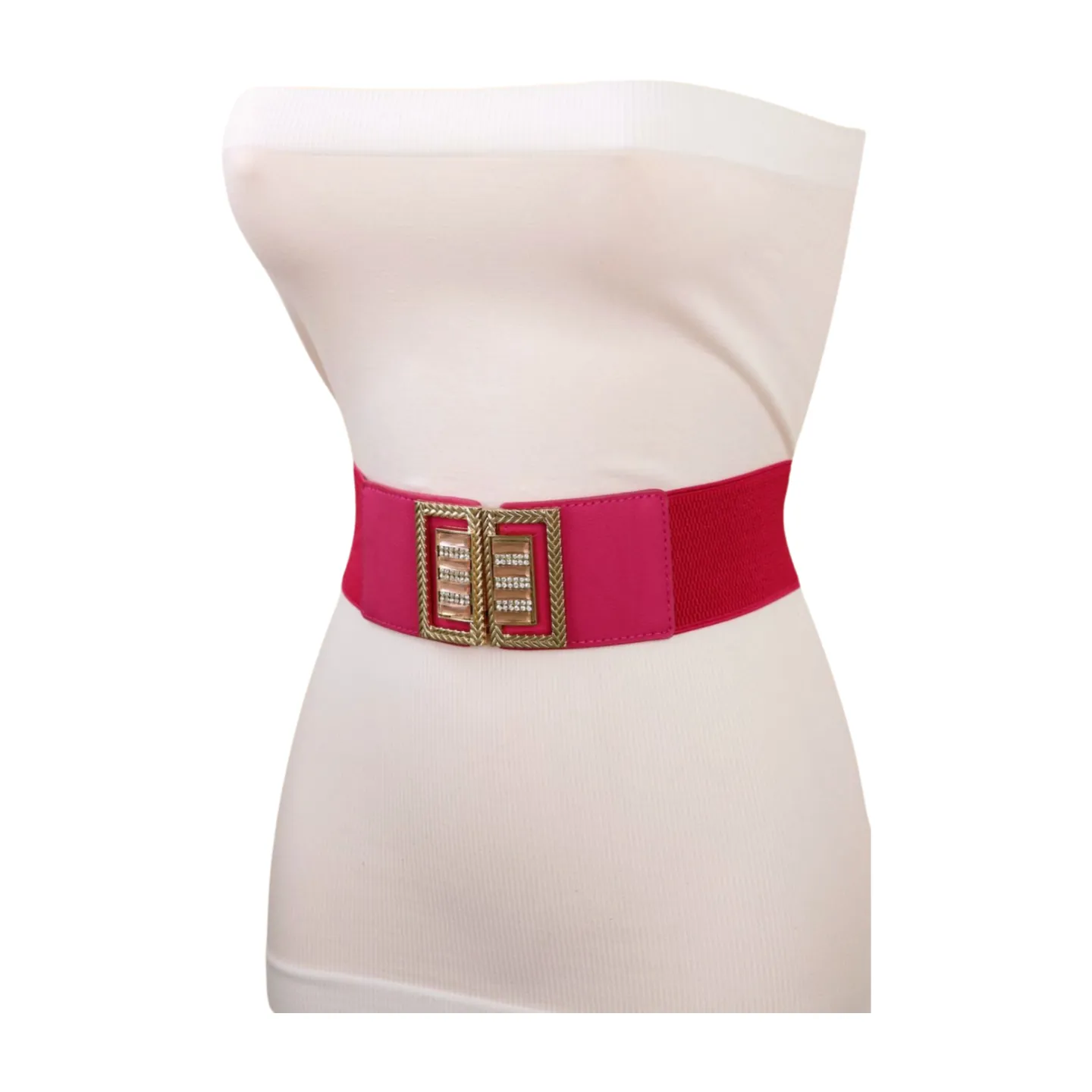 New Women Pink Elastic Fashion Belt Gold Bling Square Buckle S M