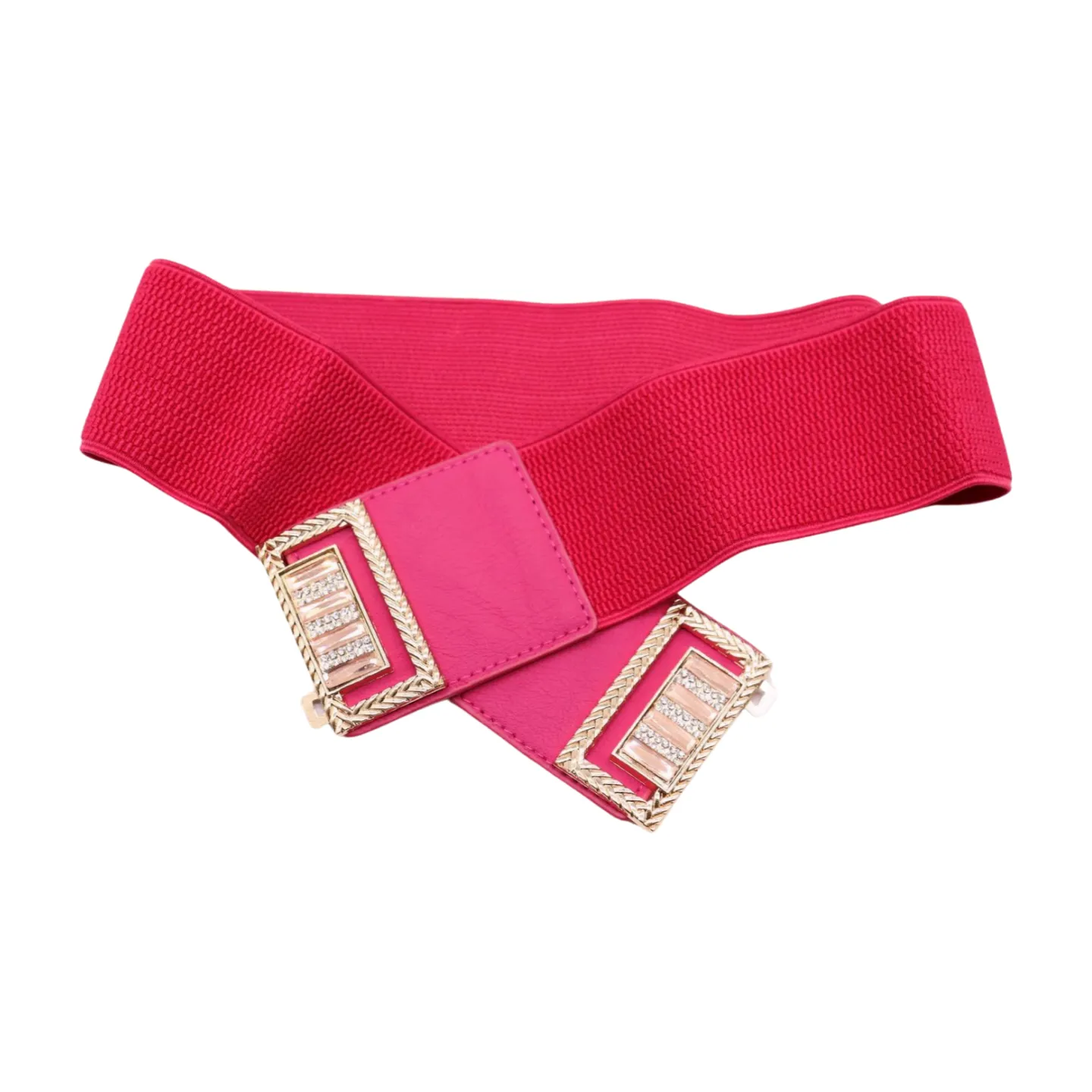 New Women Pink Elastic Fashion Belt Gold Bling Square Buckle S M