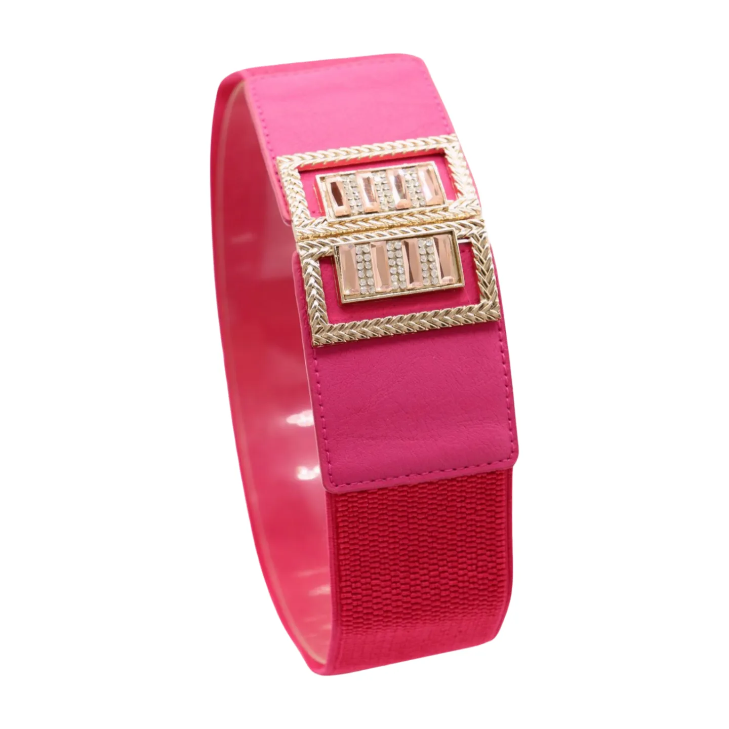 New Women Pink Elastic Fashion Belt Gold Bling Square Buckle S M