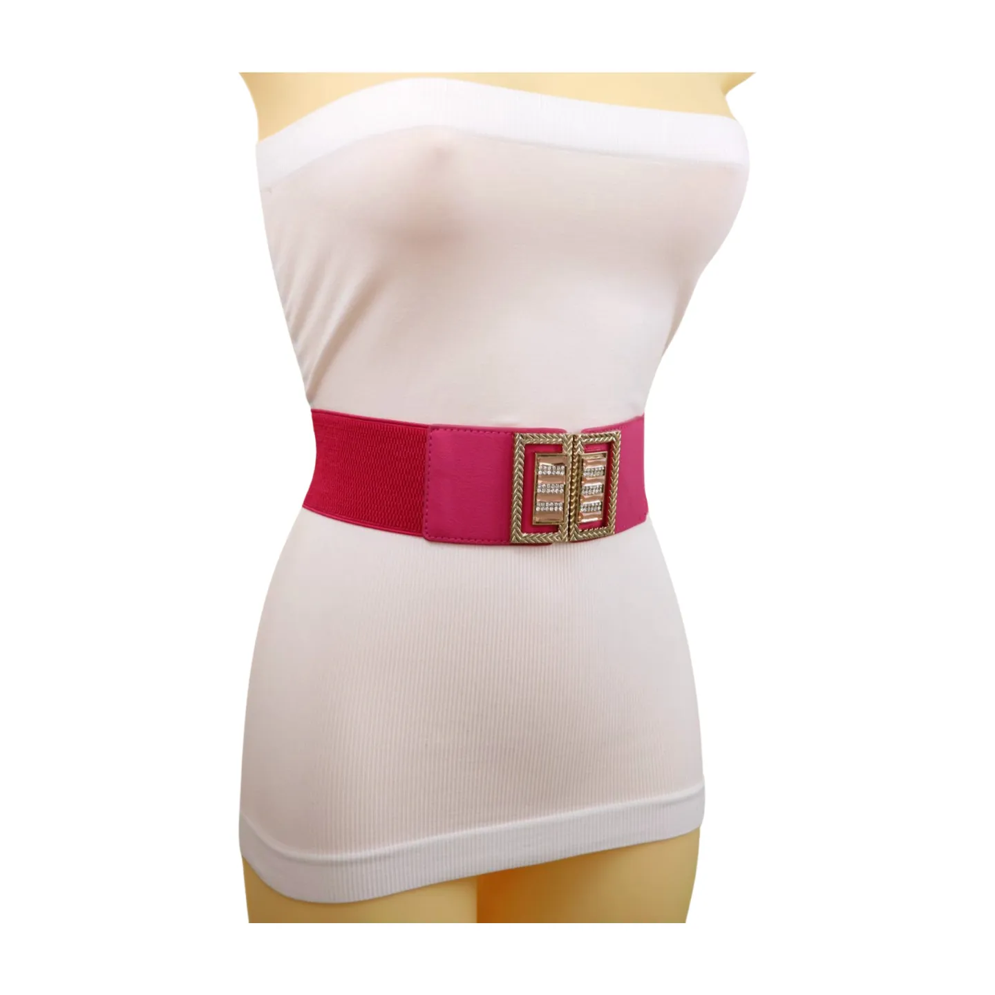 New Women Pink Elastic Fashion Belt Gold Bling Square Buckle S M