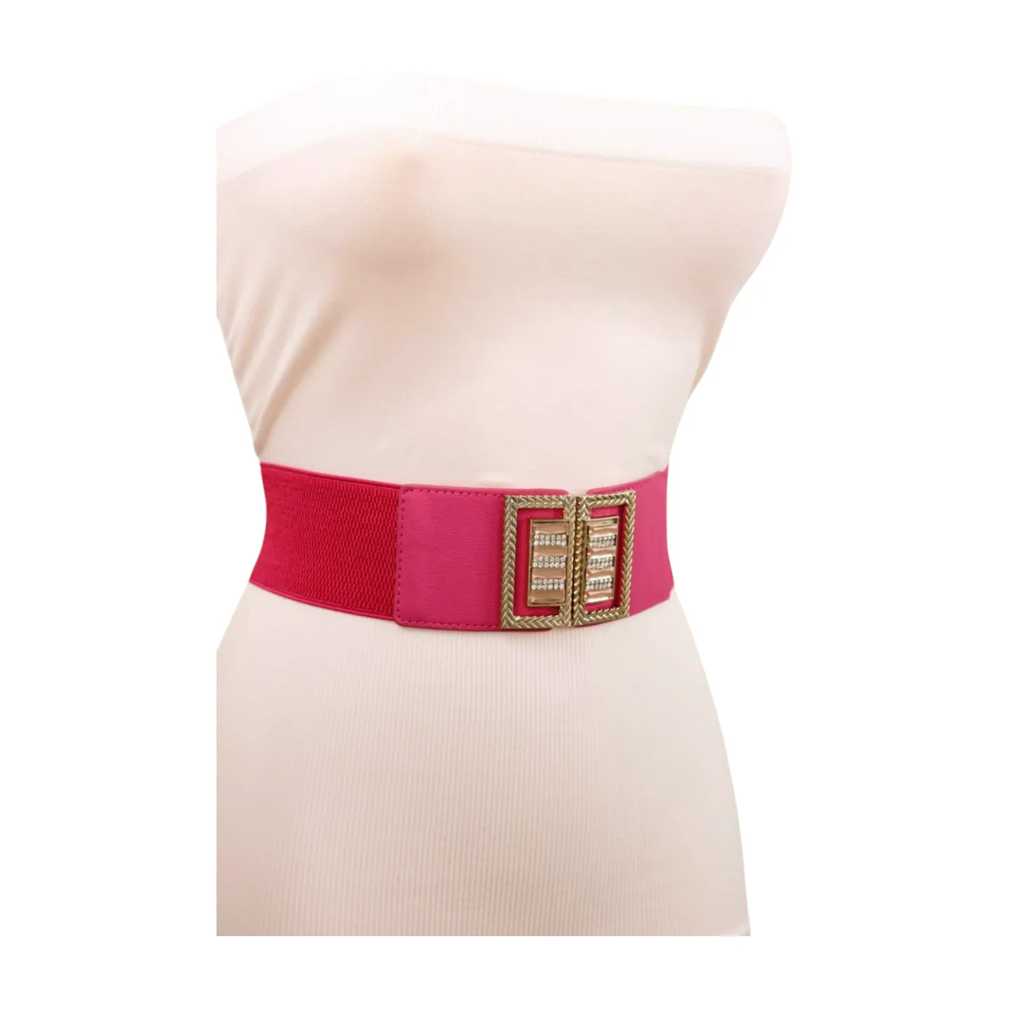 New Women Pink Elastic Fashion Belt Gold Bling Square Buckle S M