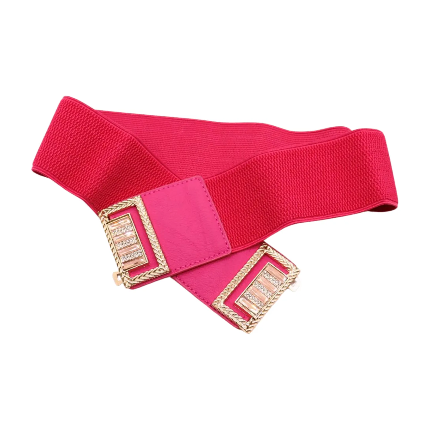 New Women Pink Elastic Fashion Belt Gold Bling Square Buckle S M