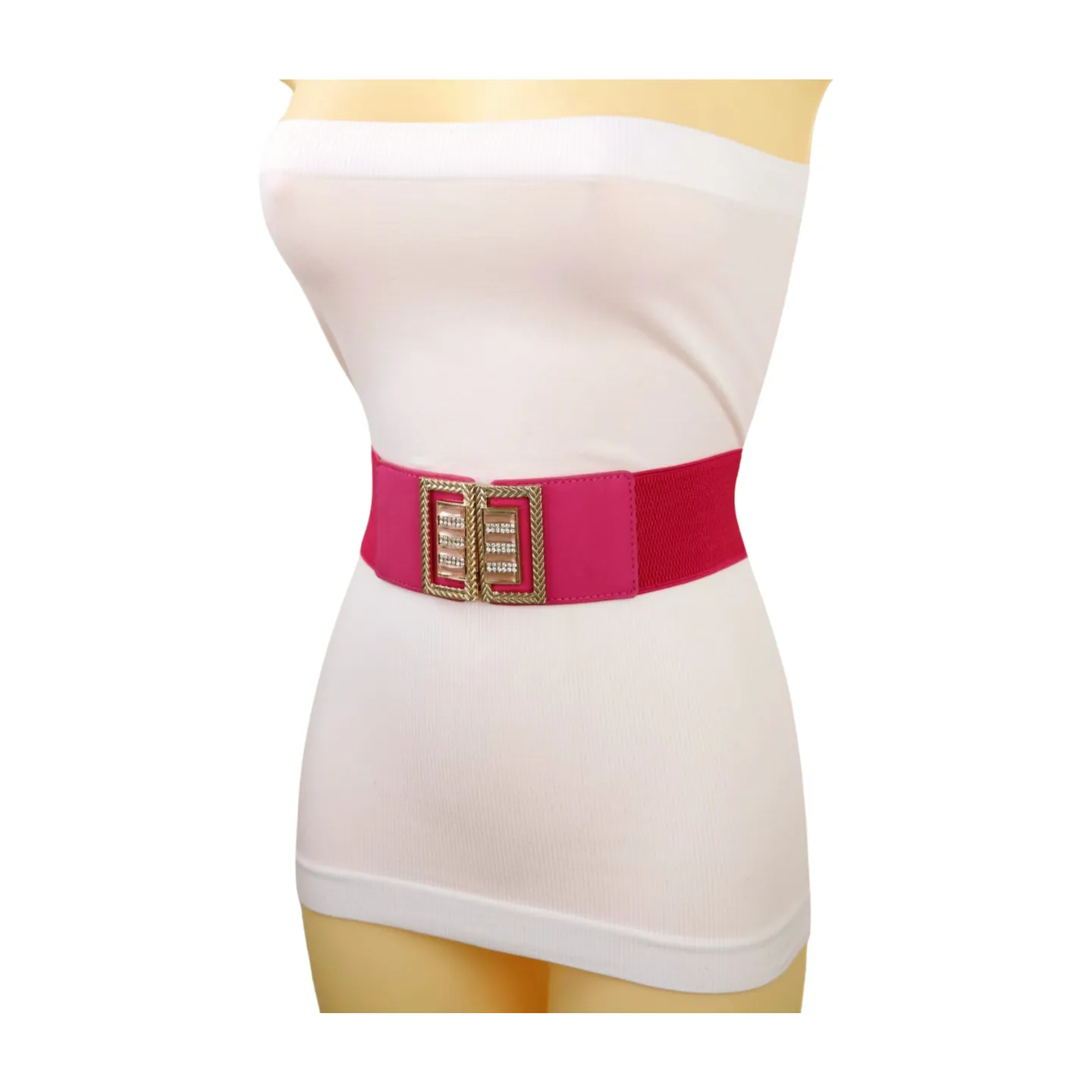 New Women Pink Elastic Fashion Belt Gold Bling Square Buckle S M